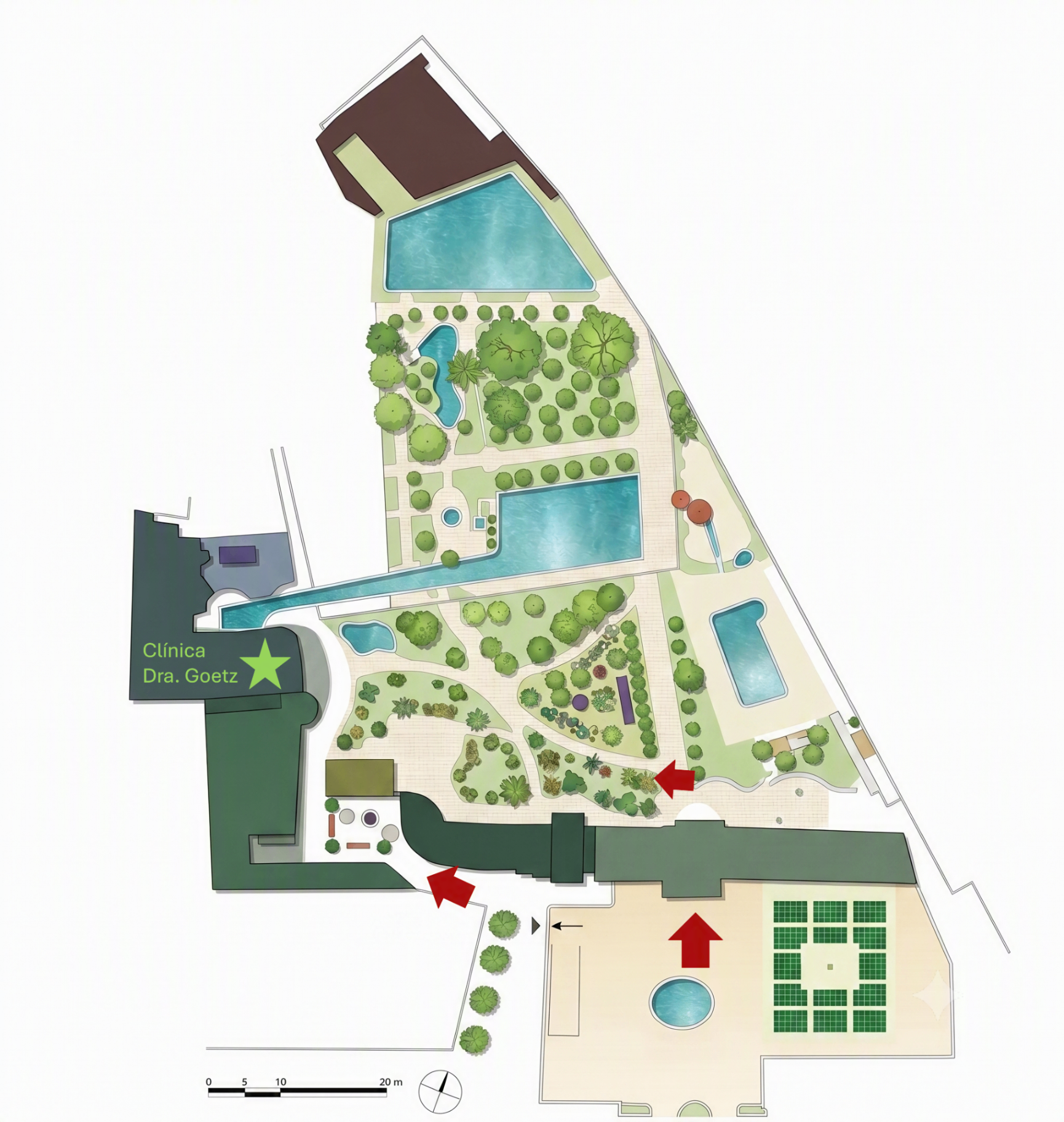Plan des Gartens des Hotel Termes de Montbrió mit der Lage der Praxis von Dr. Goetz
